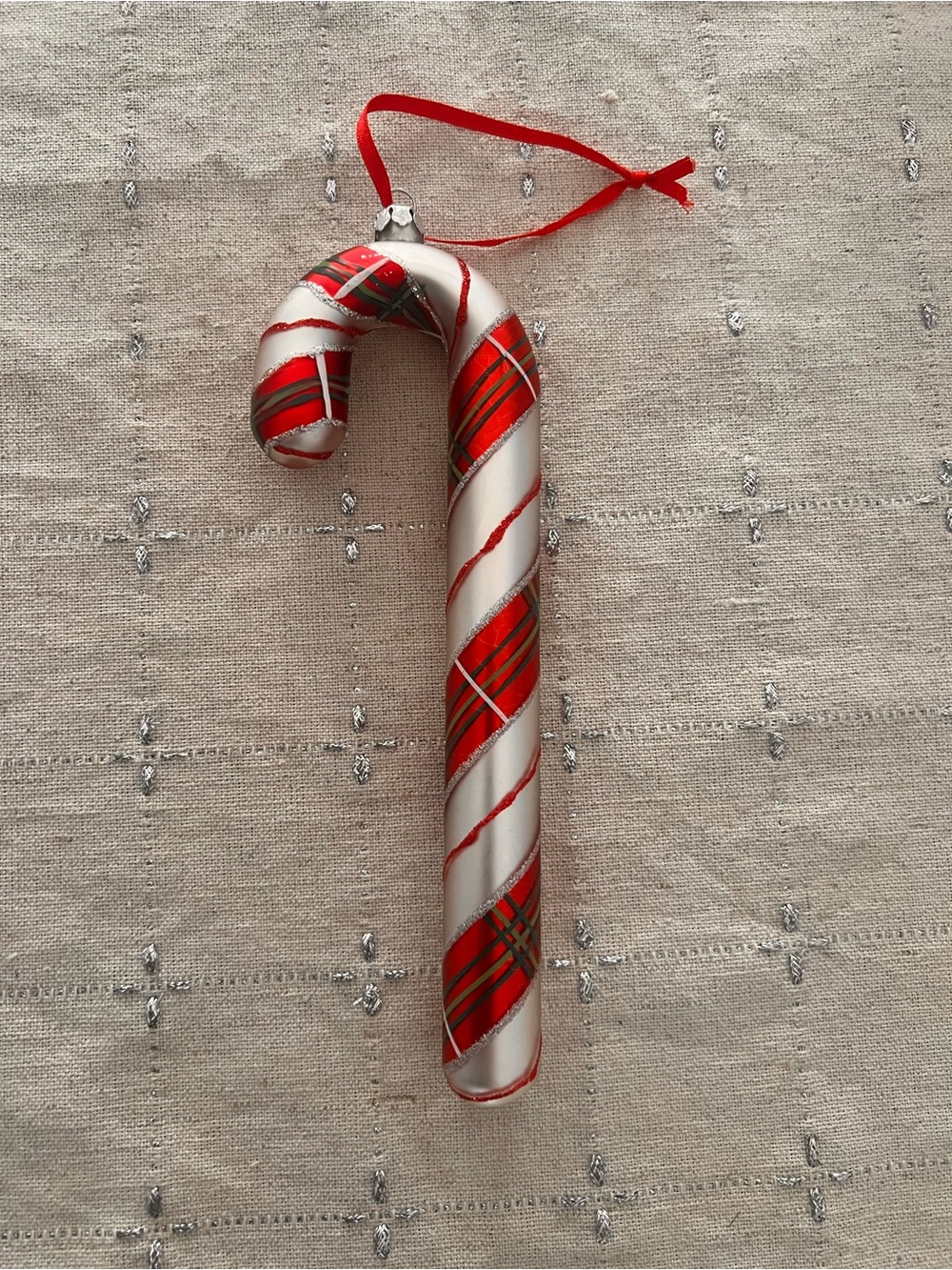 Vintage Hand Decorated Blown Large Candy Cane Ornament